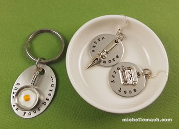 Egg keychain and writer earrings